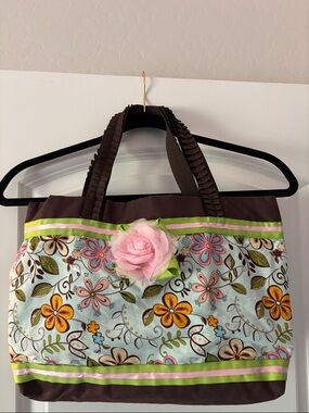 Floral Canvas Tote Bag with Pink Flower Accent